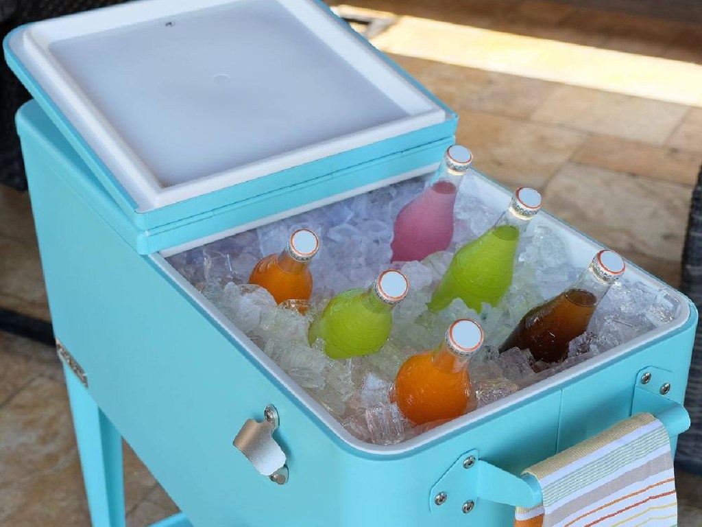 turquoise permasteel cooler with drinks in it