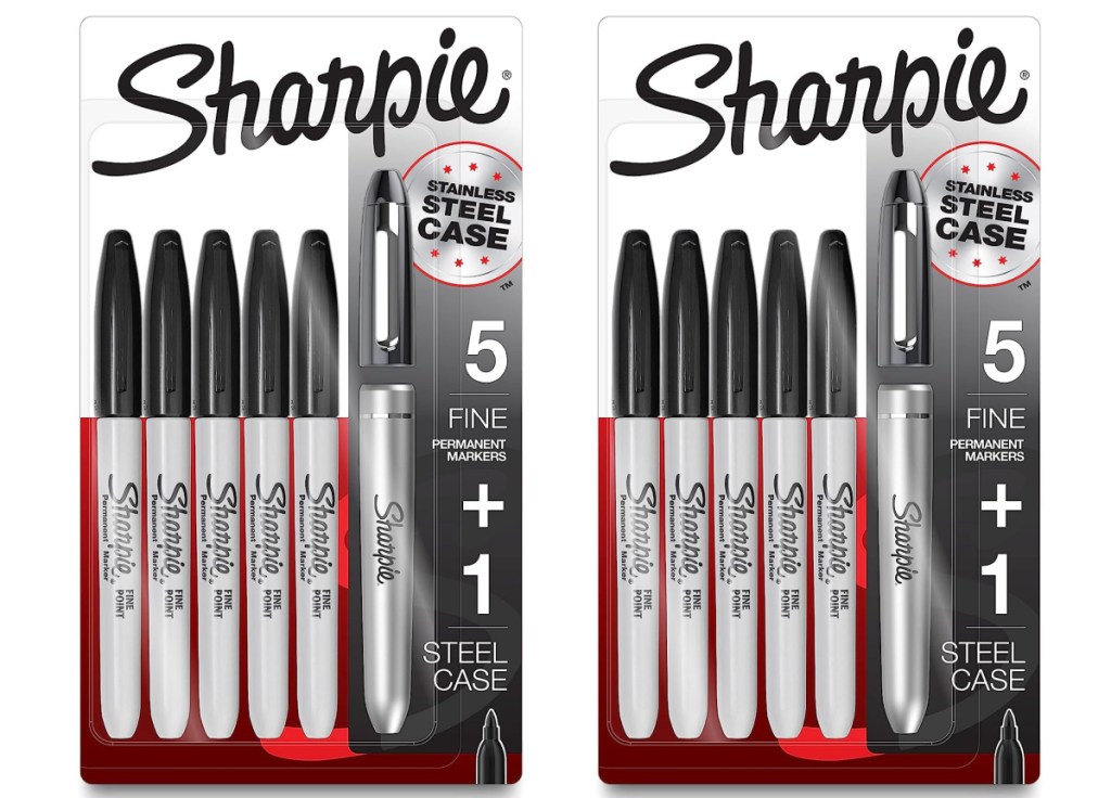 two stock images Sharpie Permanent Markers with Stainless Steel Marker Case 6 Count