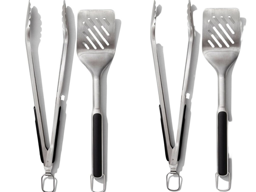 two stock images of OXO Grilling Turner and Tong Set