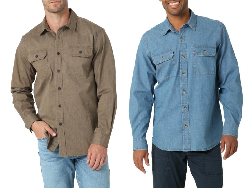 two stock images of men wearing Wrangler Men's Long Sleeve Epic Soft Woven Shirt