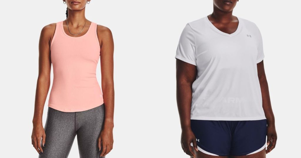 woman wearing pink tank and woman wearing white v-neck under armour tops