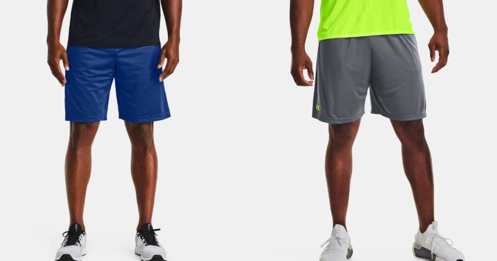 man wearing blue under armour shorts and man wearing gray under armour shorts