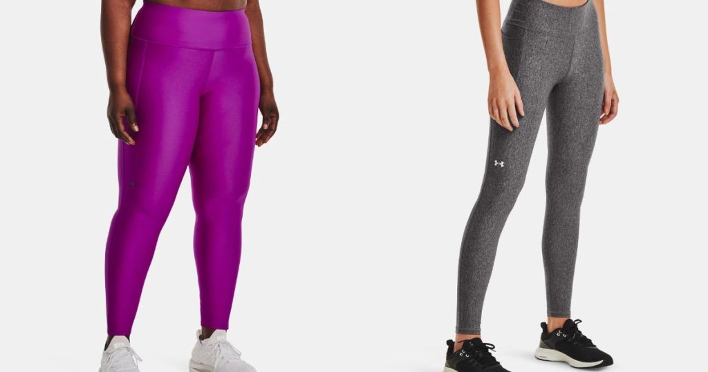 woman wearing purple under armour leggings and woman wearing gray under armour leggings