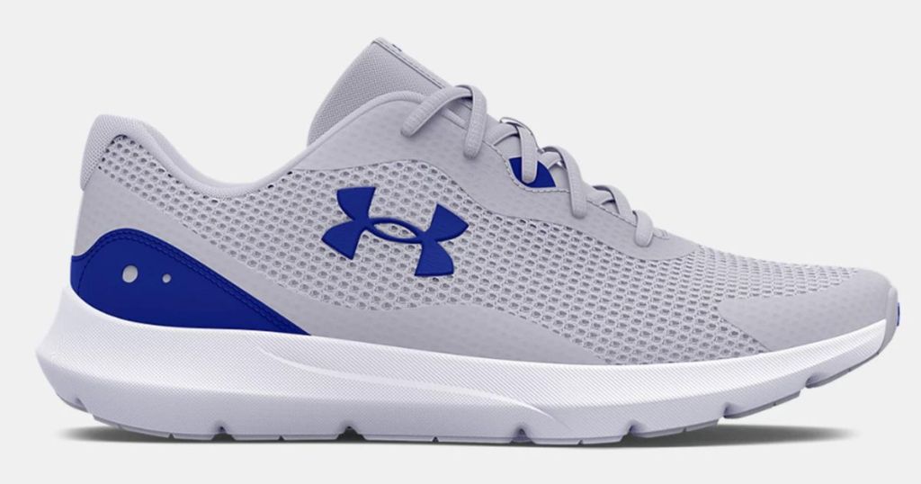 gray and purple under armour shoe
