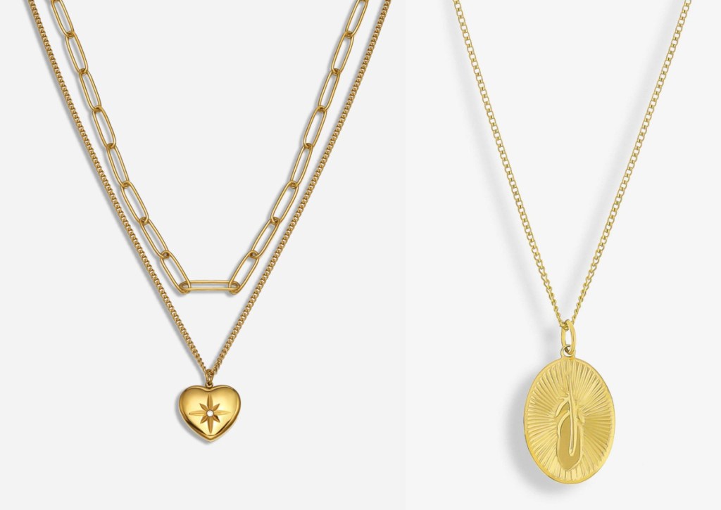 gold heart necklace and feather pendant gold necklace