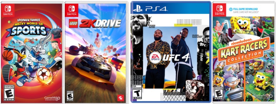 A row of four video game covers: Looney Tunes sports, LEGO 2K Drive racing, UFC 4 mixed martial arts, and Nickelodeon Kart Racers collection.