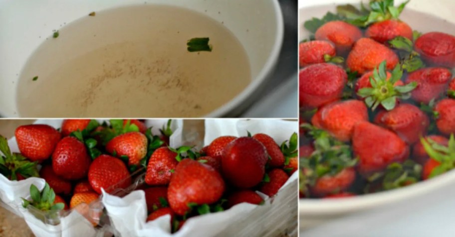 dirty water with pile of clean strawberries