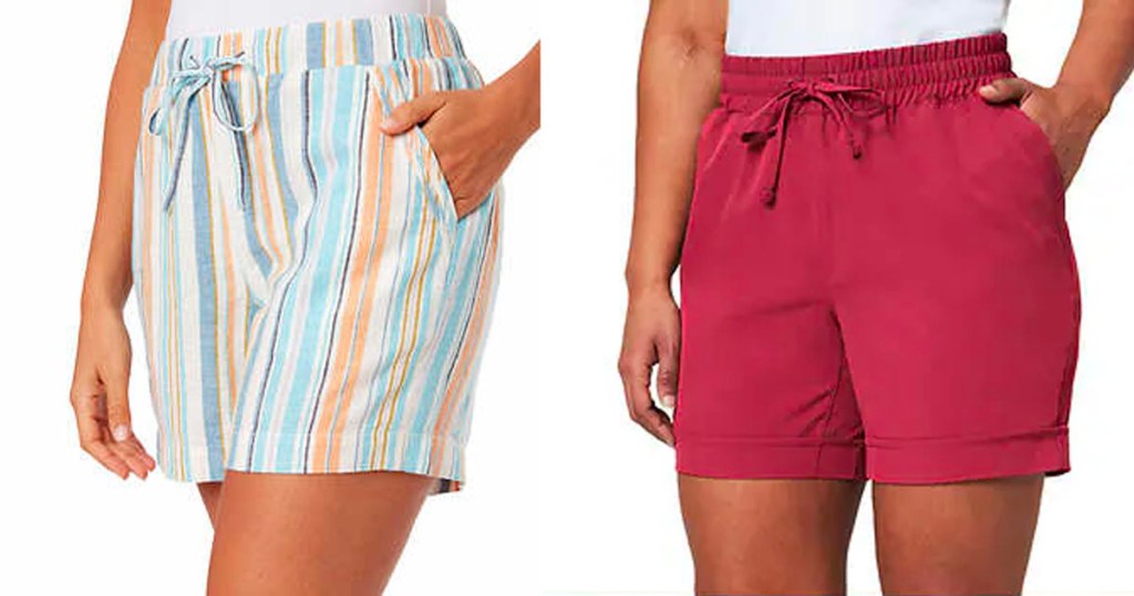 two women wearing striped and pink linen shorts