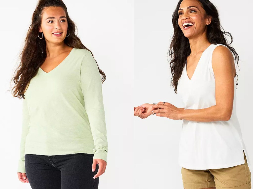 two women wearing green and white sonoma tees