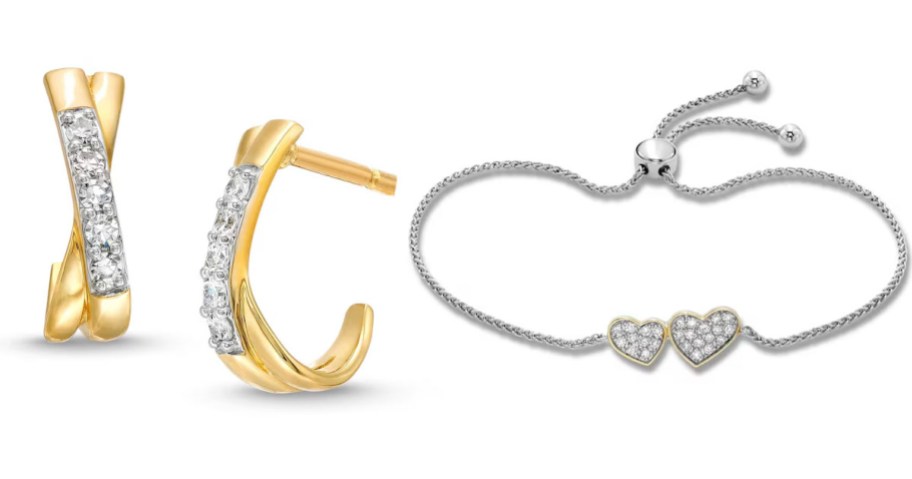 yellow gold earrings and silver heart bracelet