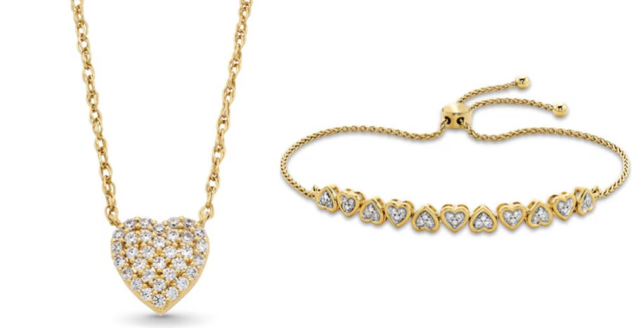 gold heart necklace and bracelets 