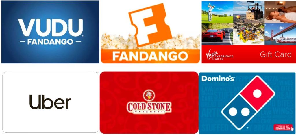 6 $100 Select Prepaid Gift Card from VuDU Fandango, dominos coldstone creamery uber and virgin experiences