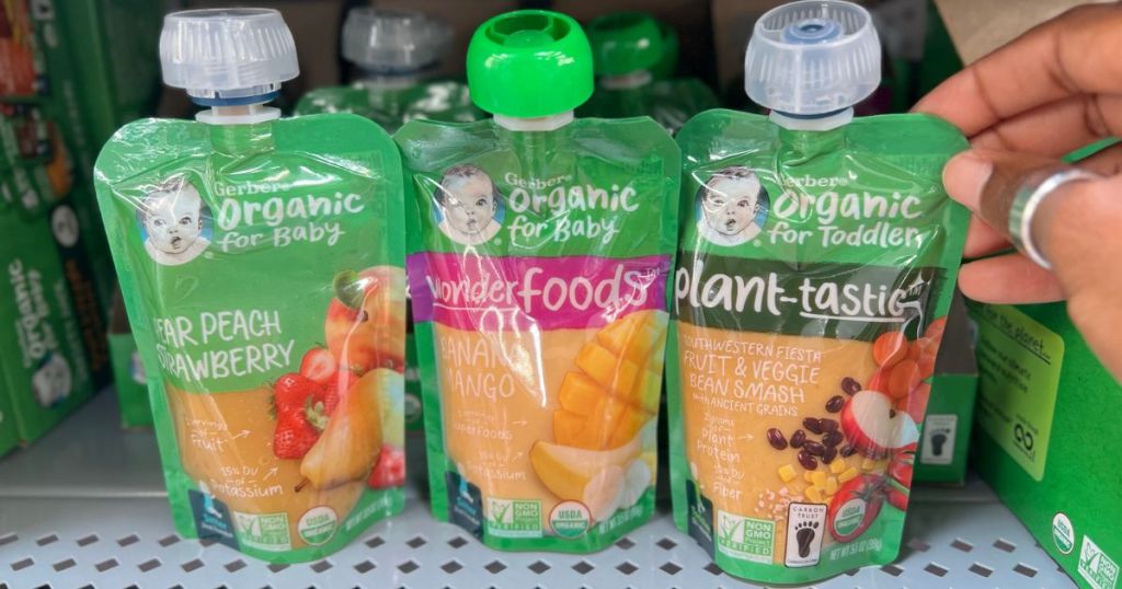 Gerber Squeezable Organic Baby Food shown on store shelf