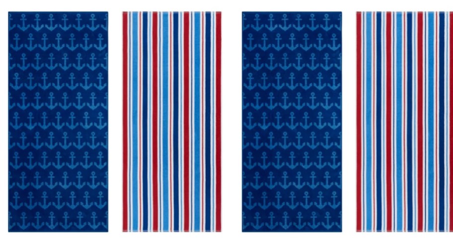 4 blue and white beach towels