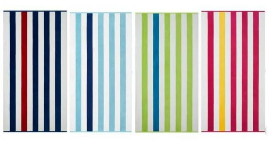 4 different colored striped large beach towels