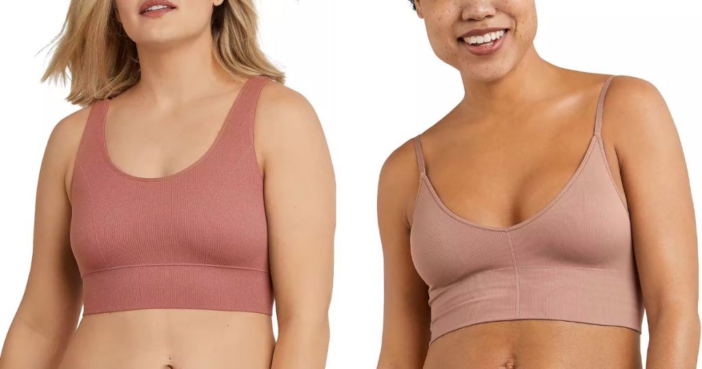 woman wearing a mauve color bralette and woman wearing a tan color bralette