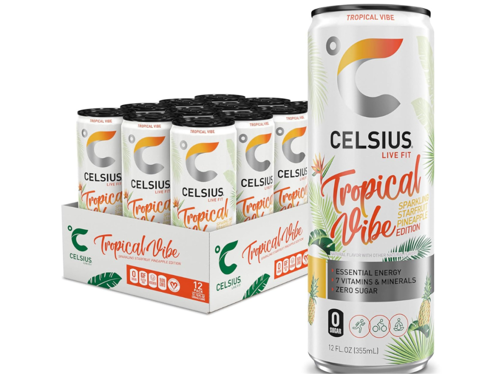 A can of CELSIUS Tropical Vibe Drink, in front of a 12 pack.