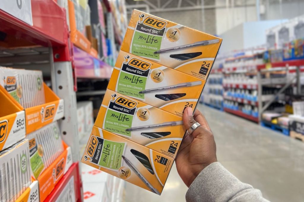 BIC Round Stic Xtra Life 96-Count in woman's hand at Sam's Club