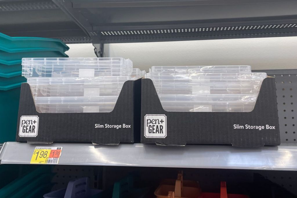 Pen + Gear Slim Plastic Storage Boxes on shelf at Walmart