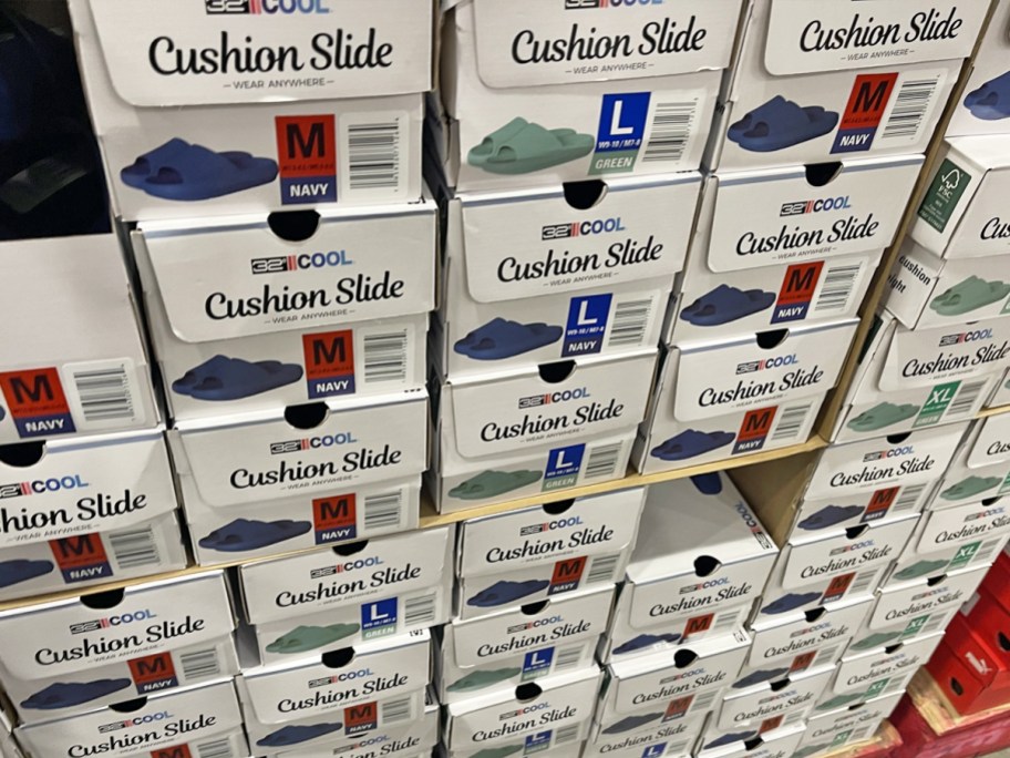 display of boxes of 32 Degrees Cushion Slides at Costco
