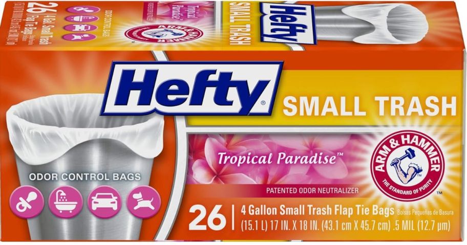 box of Hefty Small 4 Gallon Trash Bags, Tropical Paradise Scent
