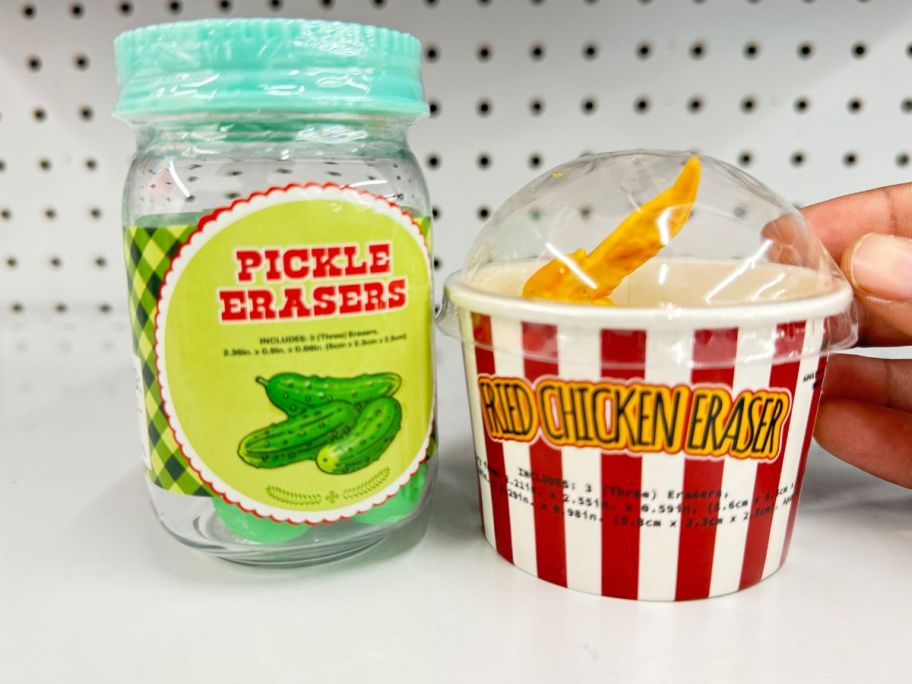 3D Foodie Eraser Set 3-Count in Chicken or Pickle on shelf in store