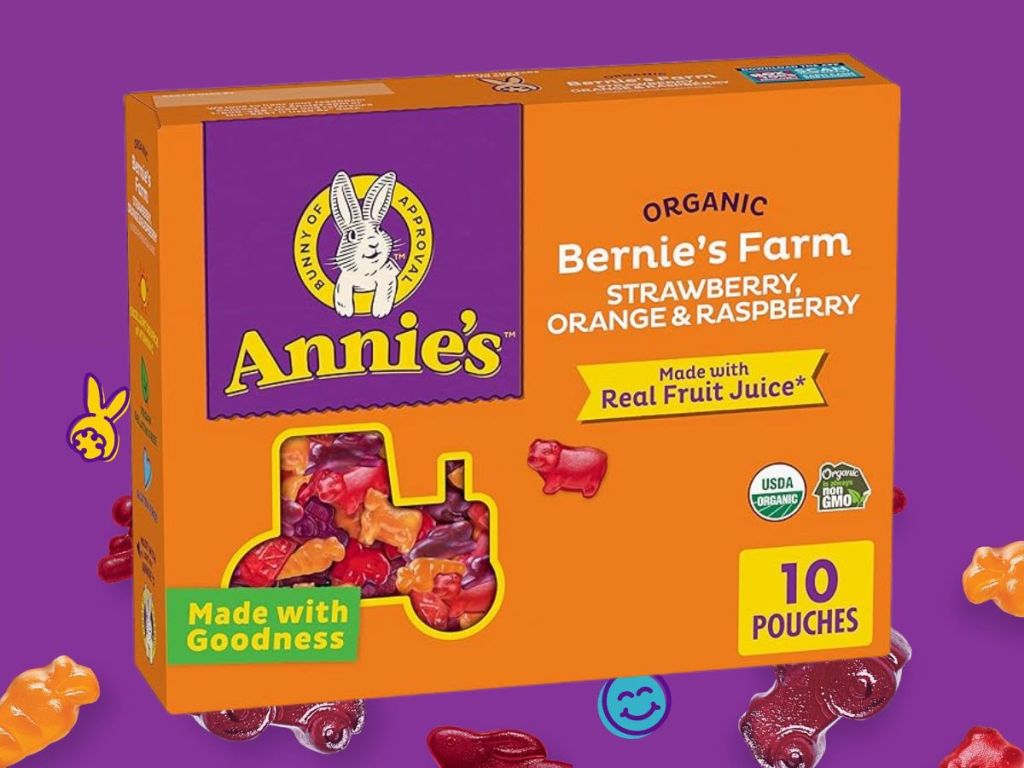 annie's bernie's fruit snacks on purple background