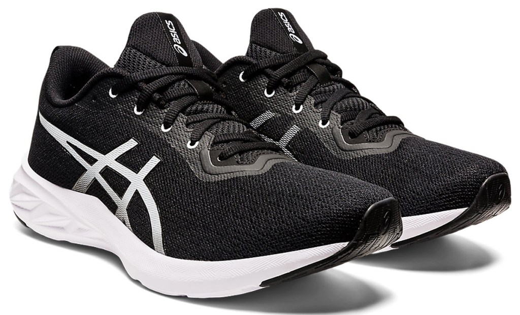 black and white pair of asics running shoes