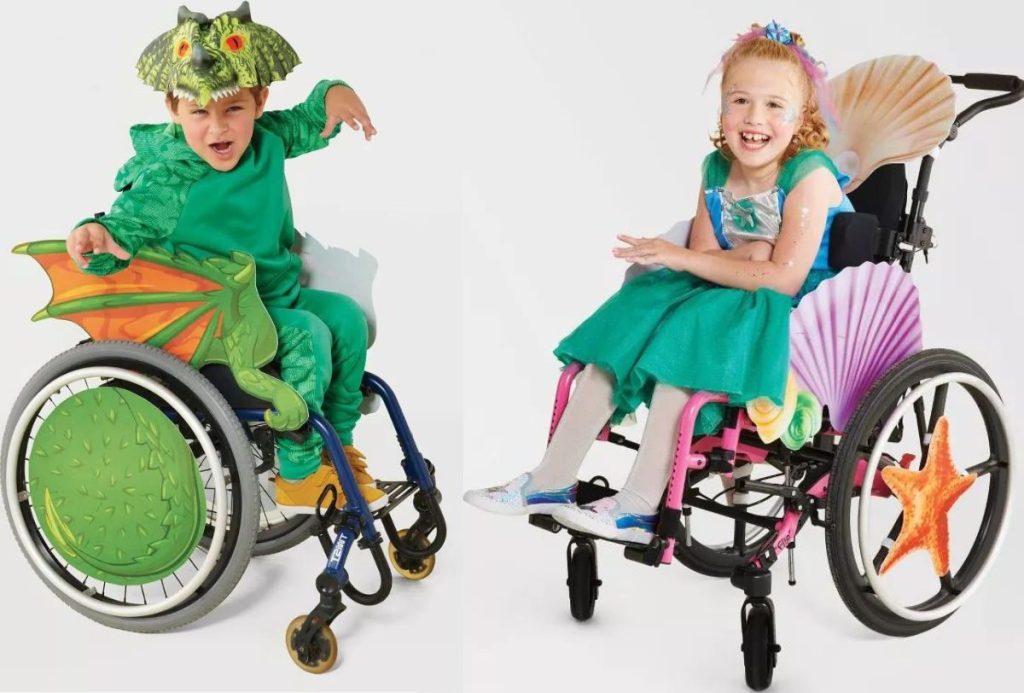 2 kids in wheelchairs with adaptive halloween covers on them