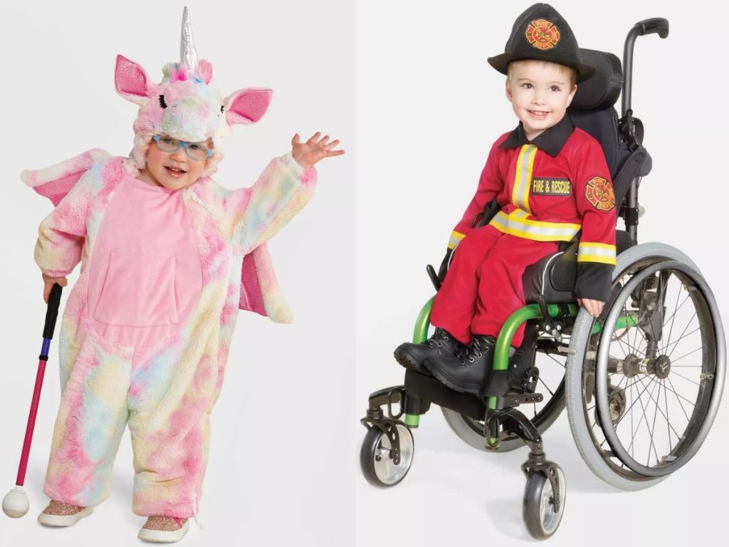 Two toddlers wearing adaptive halloween costumes from Target