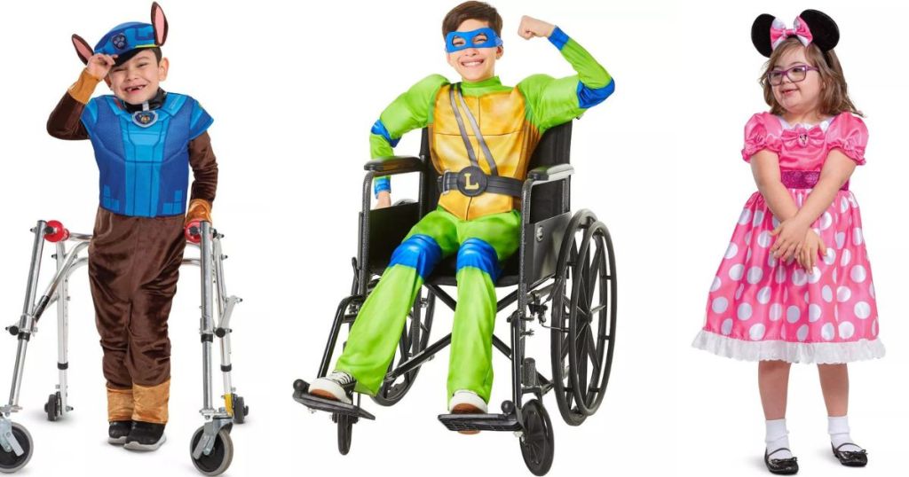 3 kids wearing adaptive Halloween costumes from Target