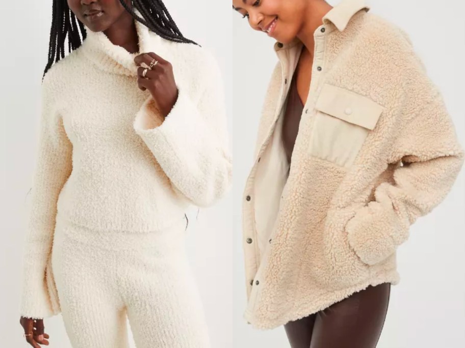 aerie marshmallow turtleneck sweater and sherpa corduroy shacket