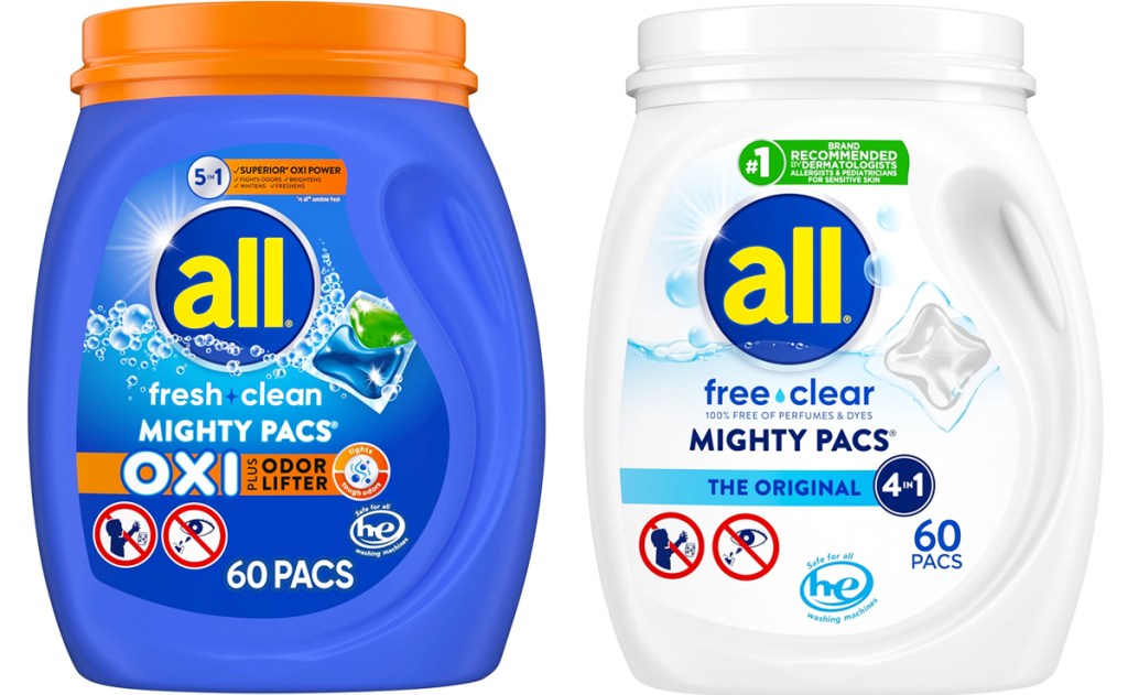 blue and white containers of All Mighty Detergent Pacs