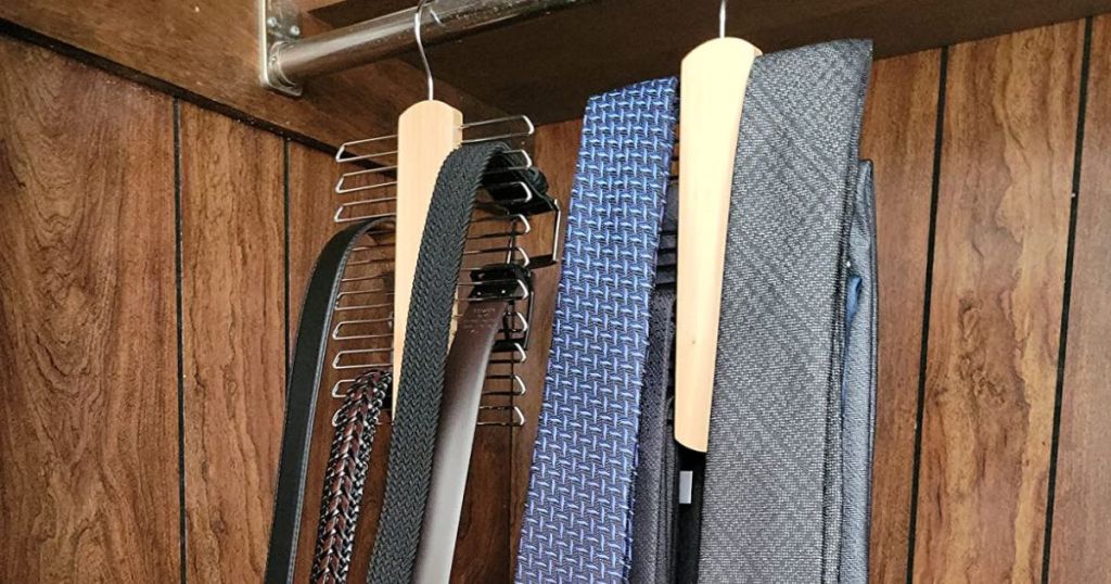 Amazon Basics Belt and Tie racks hanging in a closet