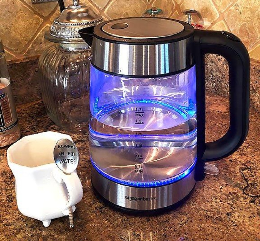 Basics Electric Glass and Steel Hot Tea Water Kettle, 1.7-Liter,  Black and Sliver