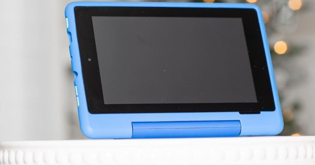 blue Amazon Fire HD 8 Kids Pro Tablet sitting on white table