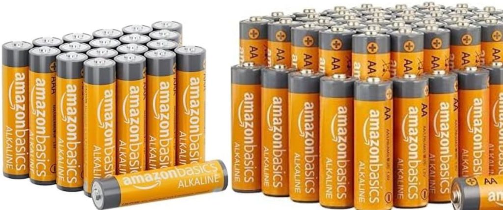 rows of AmazonBasics batteries AA and AAA