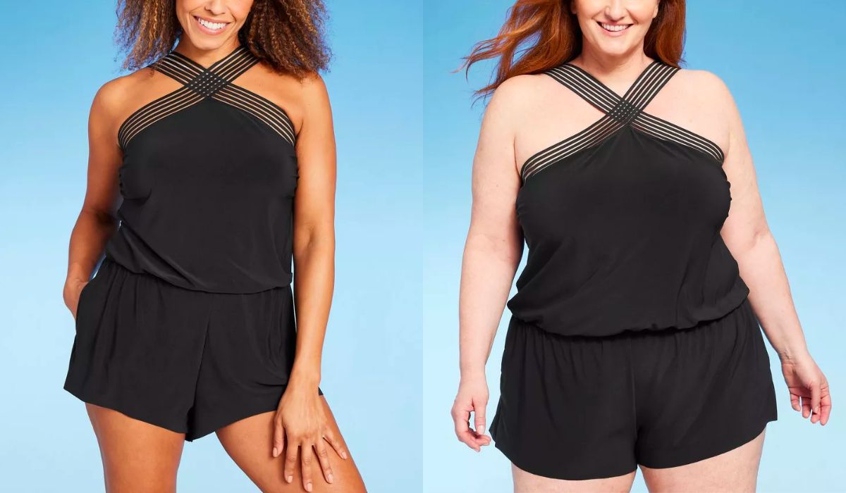 2 women wearing black swim rompers with mesh crossover neck detailin