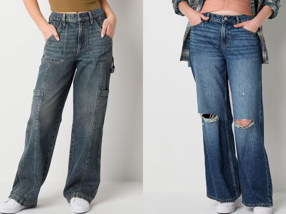 Stock image of two teens wearing baggy Arizona jeans