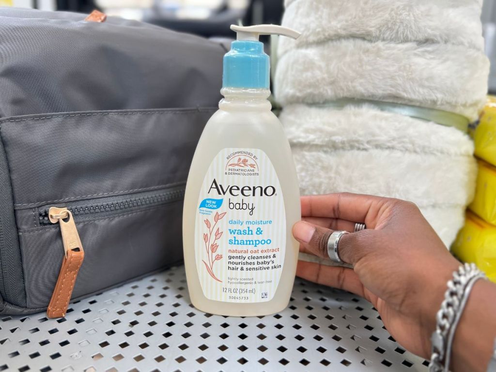 Aveeno Baby Wash in front of a bag