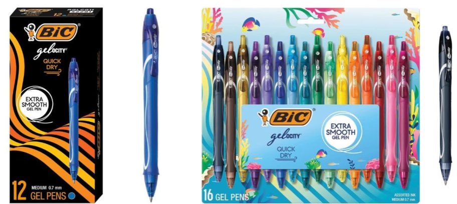 Box of blue gel pens with 12 items and 16 ocean inspired gel pens