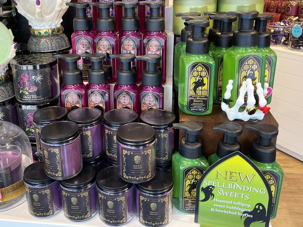 store display of bath & body works halloween hand soaps and candles