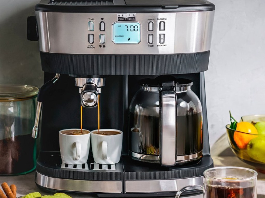 Bella Pro Series Combo Coffee Maker displayed with coffee and cappuccinos displayed on the tray
