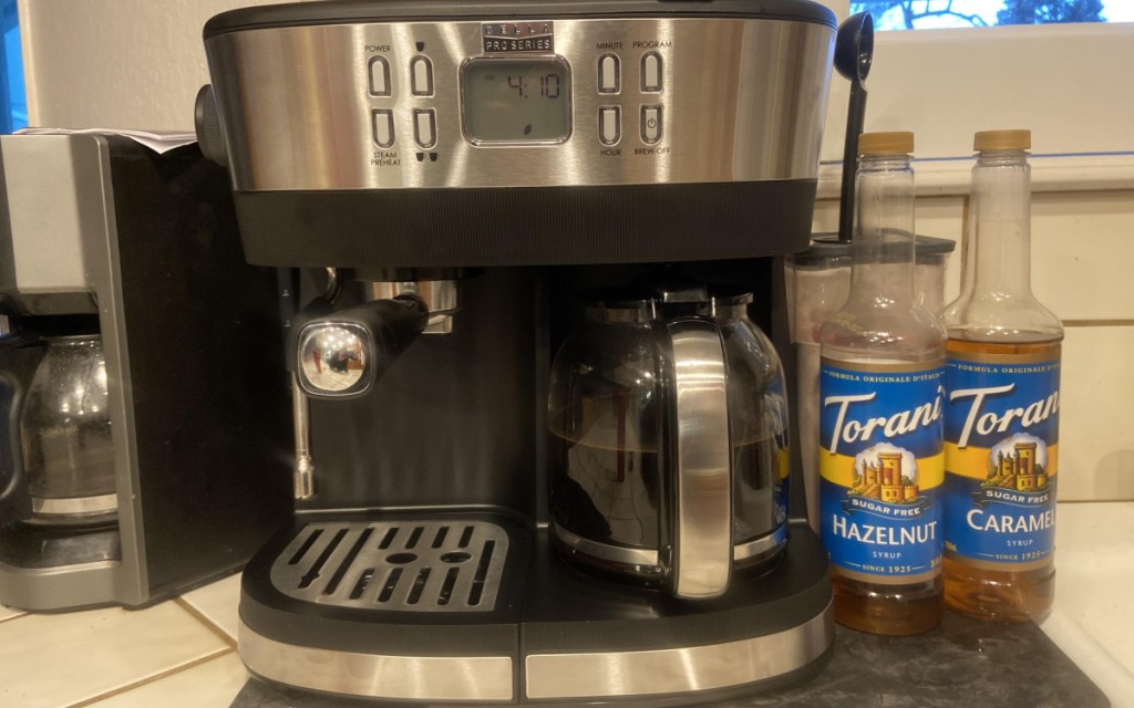 Bella Pro Series Combo Coffee Maker with torani syrups next to the machine