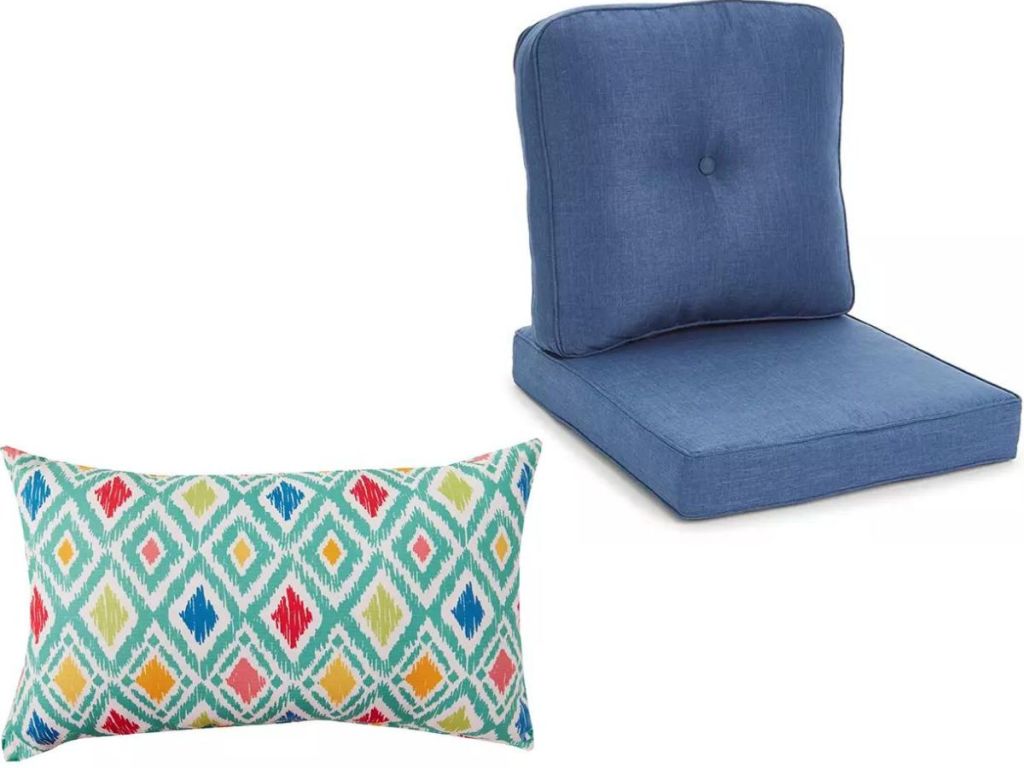 An outdoor throw pillow and a chair cushion