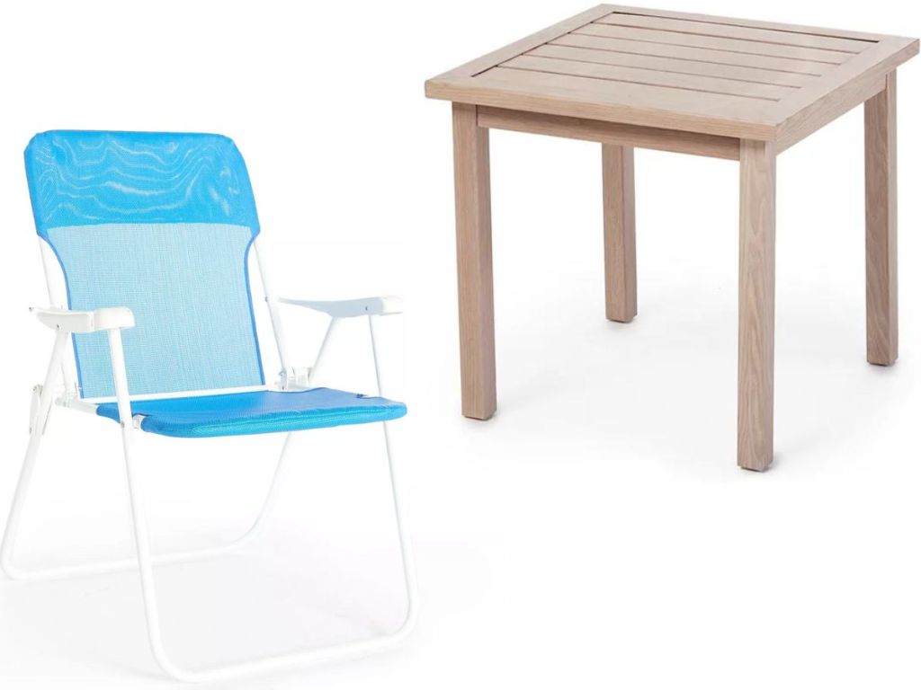 A folding lawn chair and a patio side table