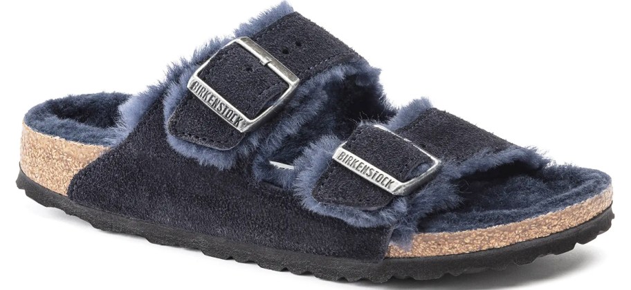 navy blue fuzzy birkenstock sandal