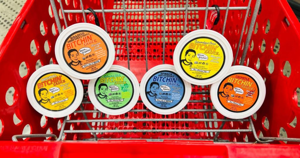 various Bitchin' sauces in target shopping cart