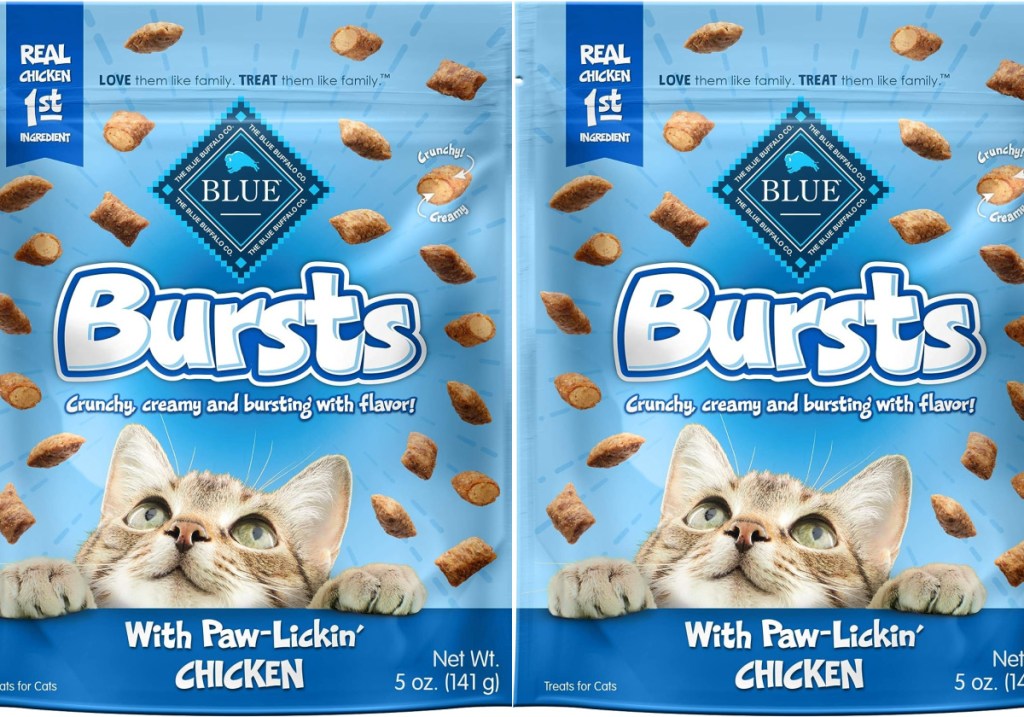 two stock images of Blue Buffalo Bursts Crunchy Cat Treats 5oz Bag
