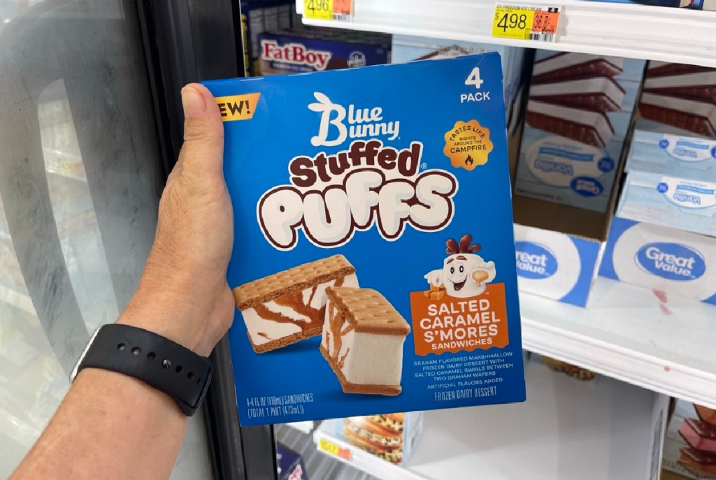 Hand holding a box of new foods, the Blue Bunny Stuffed Puffs in the flavor Salted Caramel S'Mores